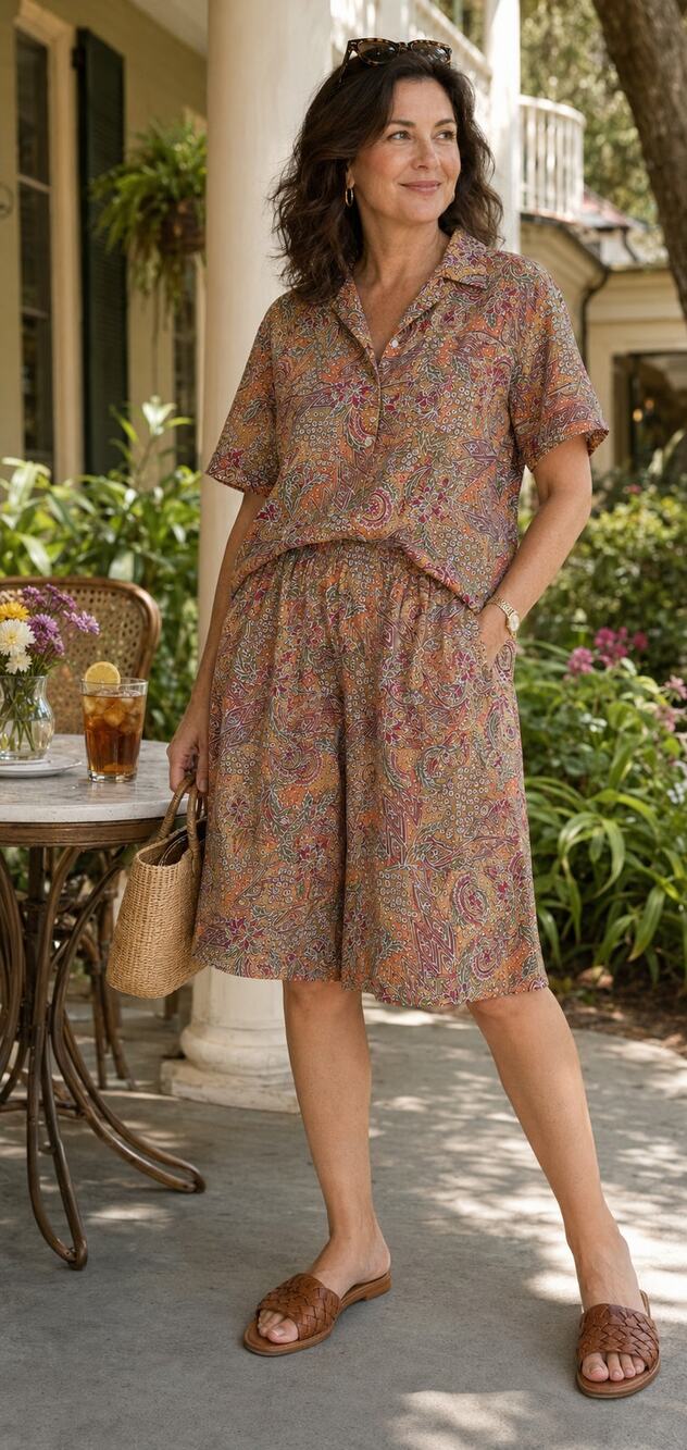 Vintage RUSS Women's 14 Paisley Shirt Culotte Shorts Set Made In USA